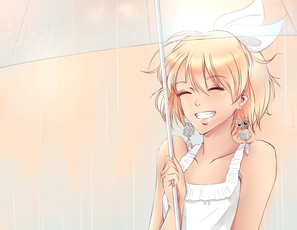 Anime picture 2828x2200 with vocaloid kagamine rin kristallin-f (artist) single highres short hair open mouth simple background blonde hair bare shoulders eyes closed happy rain yellow background transparent umbrella girl dress hair ornament earrings white dress