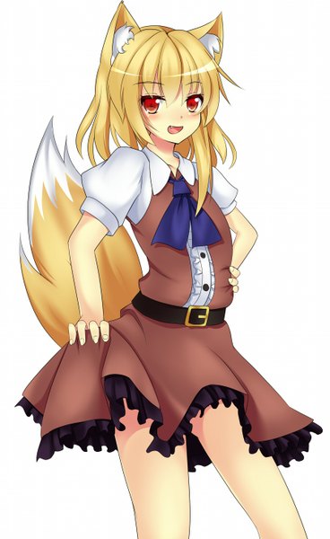 Anime picture 889x1447 with touhou original cookie (touhou) miramikaru riran szk single long hair tall image looking at viewer blush fringe open mouth simple background blonde hair red eyes standing white background animal ears tail :d