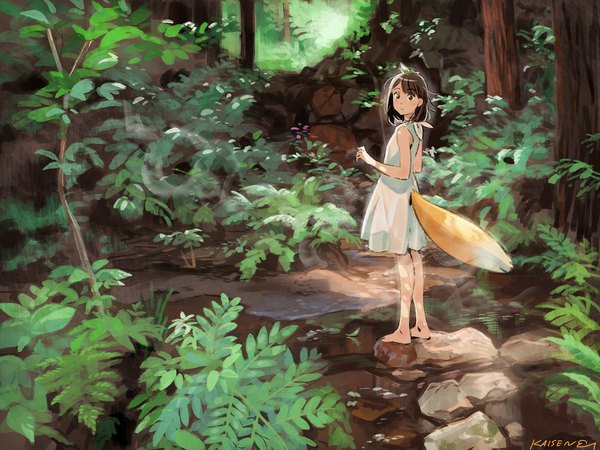 Anime picture 2000x1500 with original kaisen single looking at viewer fringe highres short hair brown hair bare shoulders brown eyes signed full body tail animal tail looking back barefoot fox tail scenic nature stream