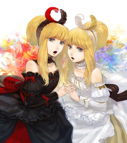 Anime picture 1500x1686 with sound horizon marchen elisabeth von wettin elyse katsura (+araka) long hair tall image open mouth blue eyes blonde hair bare shoulders multiple girls holding hands girl dress 2 girls feather (feathers)
