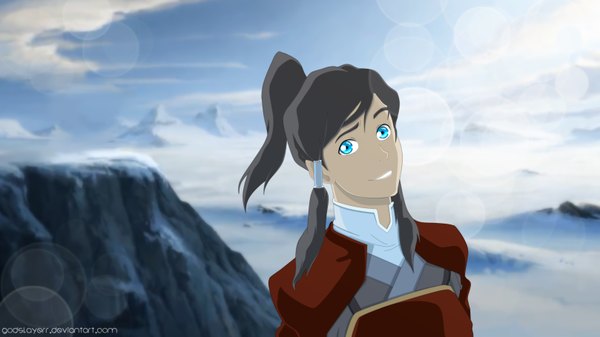 Anime picture 3233x1818 with avatar: the legend of korra korra godslayerr single long hair highres blue eyes smile wide image sky cloud (clouds) ponytail grey hair sunlight coloring mountain girl