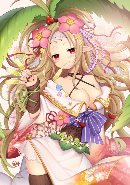 Anime picture 2000x2829 with original byulzzimon single long hair tall image looking at viewer blush highres breasts light erotic blonde hair smile red eyes bare shoulders hair flower pointy ears girl thighhighs dress hair ornament