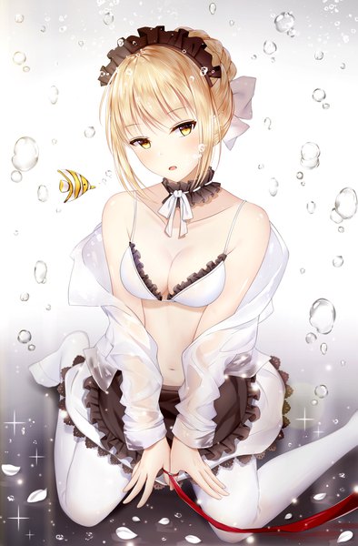 Anime picture 3000x4566 with fate (series) fate/grand order artoria pendragon (all) saber alter junpaku karen single tall image fringe highres short hair breasts open mouth light erotic blonde hair sitting yellow eyes head tilt :o sparkle no shoes