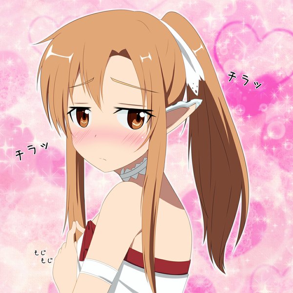 Anime picture 1000x1000 with sword art online a-1 pictures yuuki asuna titania (alo) tendon0922 single long hair blush brown hair bare shoulders brown eyes ponytail pointy ears elf girl