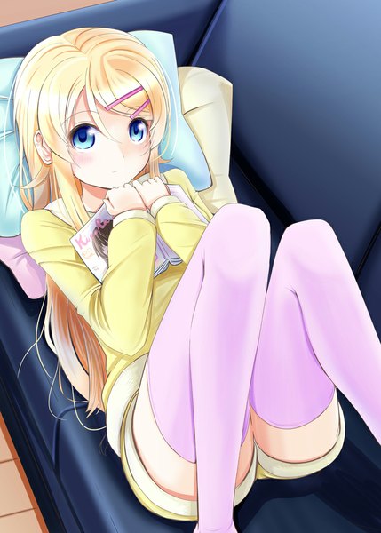 Anime picture 786x1100 with ore no imouto ga konna ni kawaii wake ga nai kousaka kirino aoi usagi (marinebluerabbit) single long hair tall image looking at viewer blush blue eyes blonde hair girl thighhighs hair ornament white thighhighs shorts pillow bobby pin couch