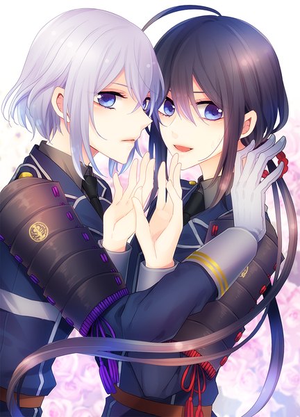 Anime picture 1000x1388 with touken ranbu nitroplus honebami toushirou namazuo toushirou tomoe kiko long hair tall image fringe short hair open mouth black hair hair between eyes purple eyes looking away purple hair ahoge profile multiple boys shounen ai boy