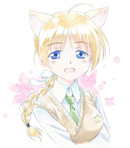 Anime picture 698x800 with strike witches lynette bishop agahari single long hair tall image looking at viewer blush fringe open mouth blue eyes blonde hair white background animal ears ahoge braid (braids) cat ears single braid traditional media watercolor (medium)