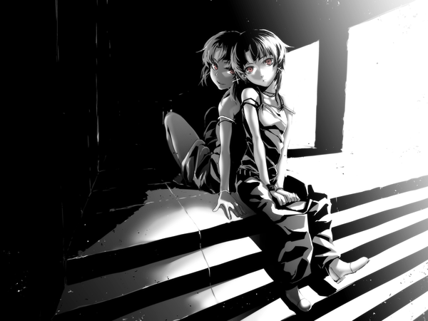 Anime picture 1200x900 with serial experiments lain iwakura lain pizaya looking at viewer short hair black hair smile red eyes sitting bare shoulders multiple girls from behind off shoulder arm support bare legs :o shadow loli monochrome flat chest