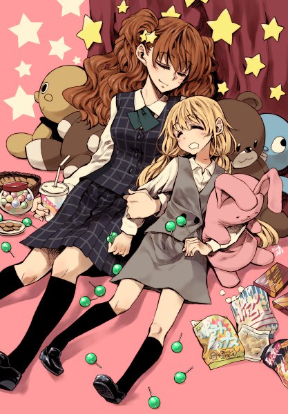 Anime picture 834x1200 with idolmaster idolmaster cinderella girls futaba anzu moroboshi kirari takanashi ringo long hair tall image blush fringe blonde hair smile brown hair twintails multiple girls eyes closed low twintails sleeping girl uniform hair ornament