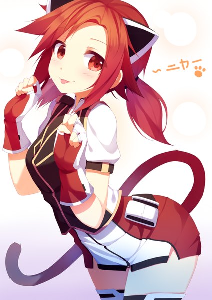 Anime picture 800x1131 with original riki-to single long hair tall image blush simple background smile red eyes white background twintails animal ears red hair tail animal tail cat ears cat girl cat tail :p girl