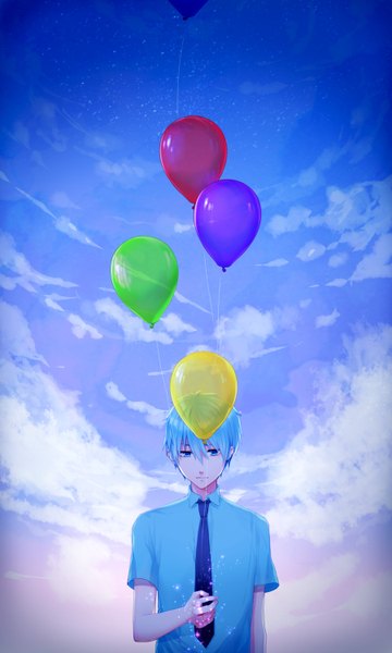 Anime picture 900x1500 with kuroko no basket production i.g kuroko tetsuya rowya single tall image fringe short hair blue eyes standing sky cloud (clouds) aqua hair looking down glow boy shirt necktie balloon blue shirt