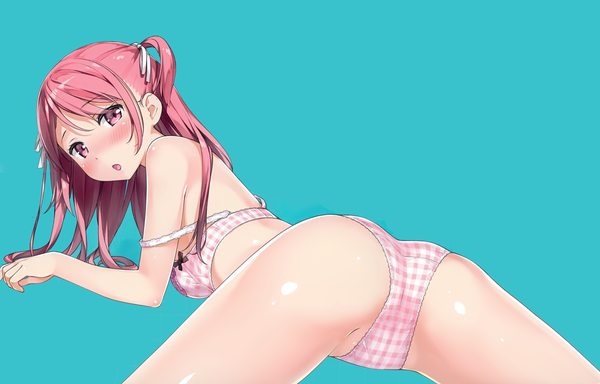 Anime picture 3900x2500 with original 5 nenme no houkago kurumi (kantoku) kantoku single long hair looking at viewer blush highres breasts open mouth light erotic simple background absurdres ass red hair pink eyes looking back :o two side up