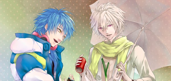 Anime picture 1700x805 with dramatical murder nitro+chiral aoba (dmmd) clear (dmmd) long hair short hair open mouth red eyes wide image yellow eyes blue hair white hair multiple boys boy jacket headphones scarf umbrella 2 boys leek