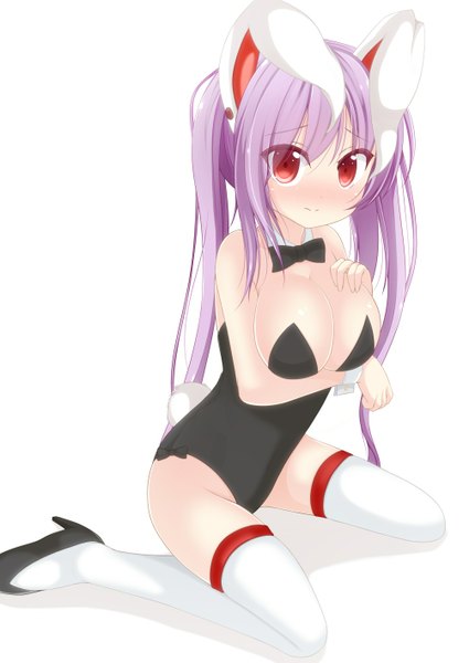 Anime picture 1003x1416 with touhou reisen udongein inaba chimunge single long hair tall image blush breasts light erotic simple background red eyes white background purple hair bunny ears girl thighhighs white thighhighs bunnysuit