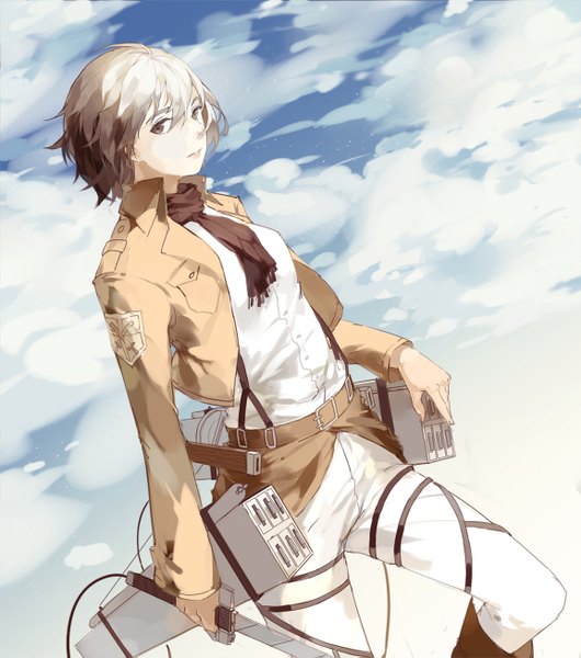 Anime picture 1154x1307 with shingeki no kyojin production i.g mikasa ackerman nine (liuyuhao1992) single tall image looking at viewer short hair brown hair brown eyes sky cloud (clouds) light smile girl weapon sword scarf thigh boots wire (wires) suspenders