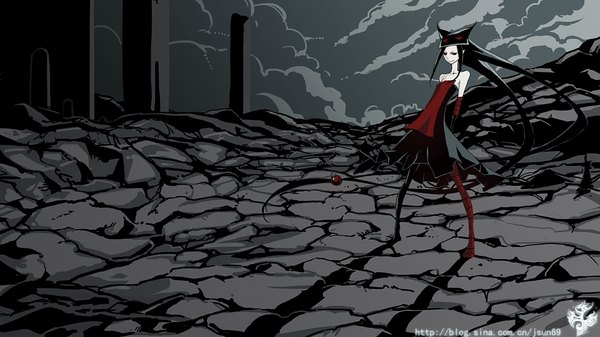 Anime picture 3840x2160 with original youtsuu single highres black hair red eyes wide image bare shoulders absurdres sky cloud (clouds) very long hair light smile pointy ears shadow girl dress
