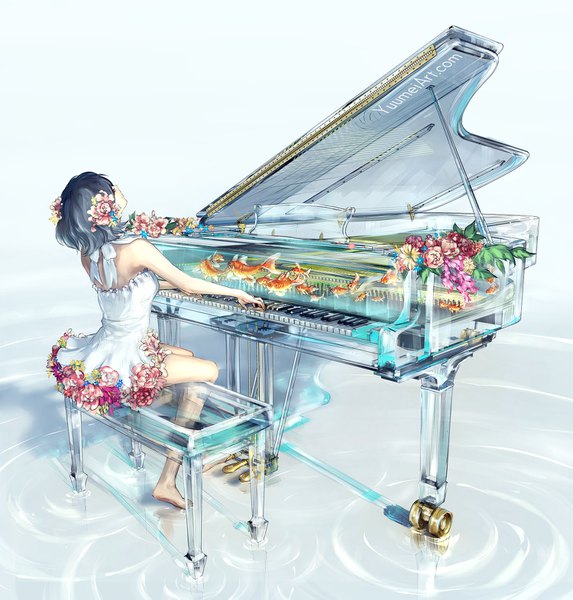 Anime picture 1500x1571 with original yuumei single tall image short hair sitting head tilt barefoot hair flower grey hair bare legs shadow playing instrument girl dress flower (flowers) animal white dress fish (fishes) musical instrument
