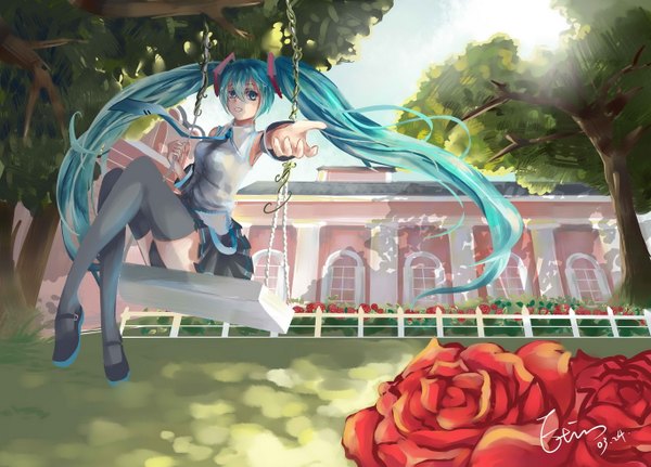 Anime picture 1366x982 with vocaloid hatsune miku etin single light erotic twintails very long hair aqua eyes aqua hair girl thighhighs skirt flower (flowers) black thighhighs plant (plants) detached sleeves miniskirt tree (trees) necktie swing