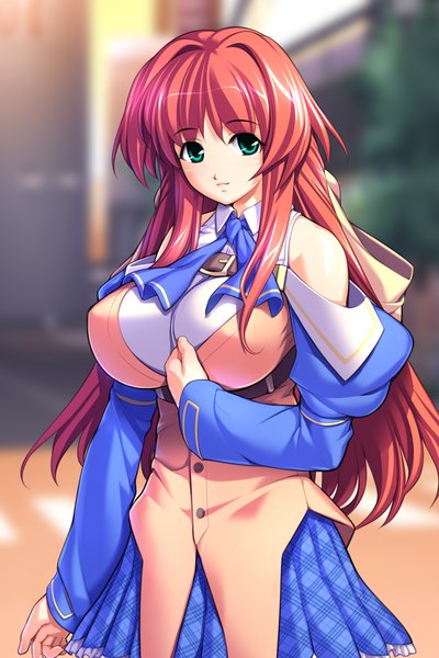 Anime picture 800x1200 with oppai baka harukaze yumari gunner-l single long hair tall image looking at viewer blush breasts light erotic large breasts green eyes game cg red hair girl uniform school uniform detached sleeves