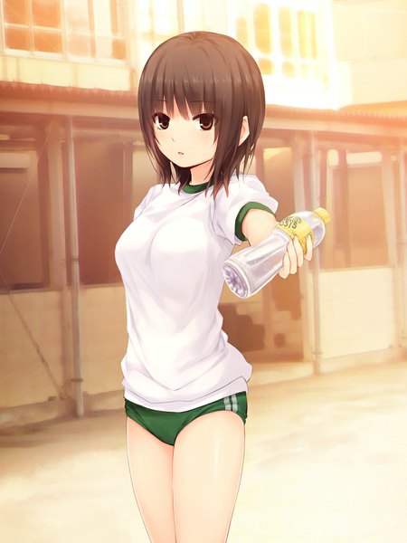 Anime picture 768x1024 with original coffee-kizoku single tall image looking at viewer short hair black hair brown eyes girl uniform gym uniform bottle