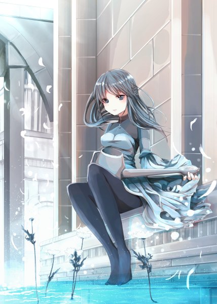 Anime picture 1771x2480 with original shiki nozi single long hair tall image highres blue eyes blue hair barefoot flower (flowers) petals watering can