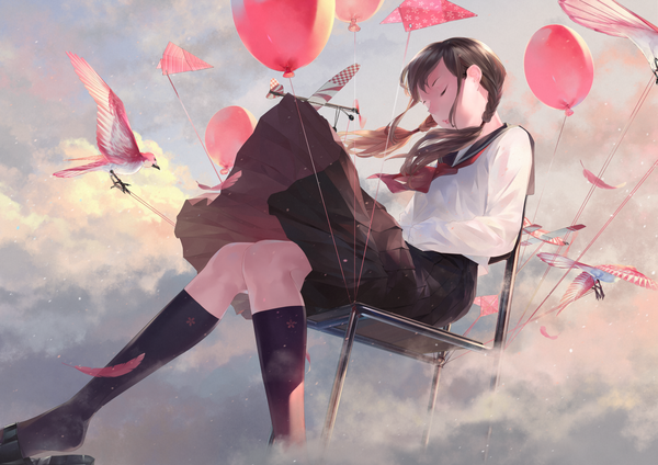 Anime picture 1525x1080 with original sousou (sousouworks) single long hair fringe brown hair sitting payot sky cloud (clouds) braid (braids) eyes closed pleated skirt wind from below twin braids shaded face flying knees together feet apart midair