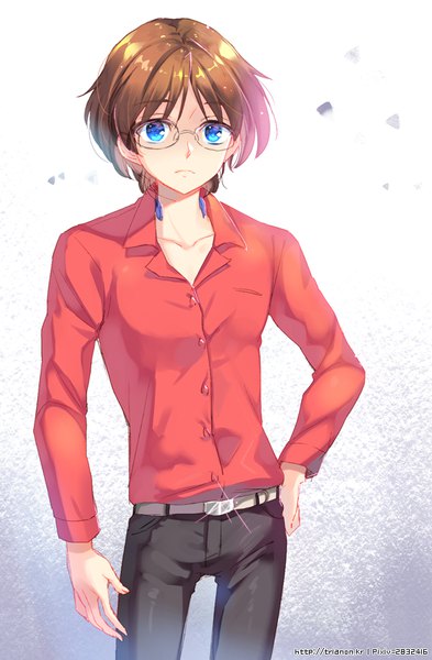 Anime picture 600x916 with accel world sunrise (studio) mayuzumi takumu trianon single tall image looking at viewer short hair blue eyes brown hair standing sparkle hand on hip boy shirt glasses red shirt