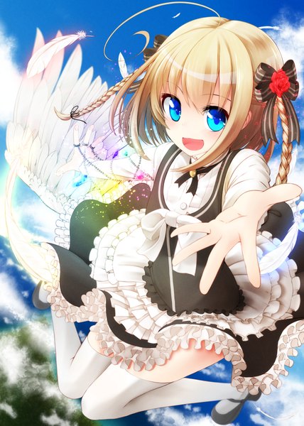 Anime picture 1488x2088 with original nekobaka single tall image looking at viewer blush short hair open mouth blue eyes blonde hair sky cloud (clouds) ahoge braid (braids) twin braids outstretched arm girl thighhighs dress bow