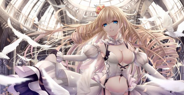 Anime picture 2500x1300 with warship girls r lion (warship girls r) saikou-iro aurora single looking at viewer highres breasts blue eyes light erotic blonde hair wide image very long hair drill hair girl dress navel detached sleeves animal bird (birds) crown