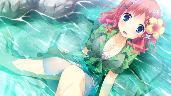 Anime picture 2560x1440 with koisuru natsu no last resort maki shiori mottsun single looking at viewer blush highres short hair open mouth blue eyes wide image game cg red hair hair flower girl dress hair ornament flower (flowers) water