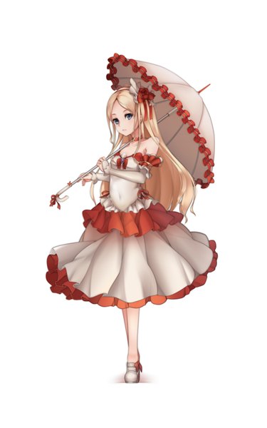 Anime picture 2500x4000 with original chenang11 single long hair tall image highres blue eyes blonde hair simple background white background girl dress hair ornament detached sleeves umbrella