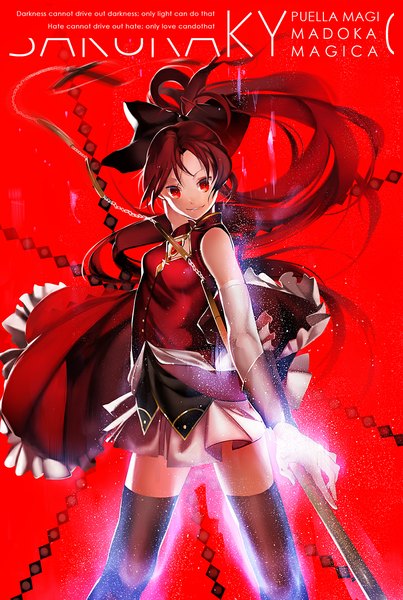 Anime picture 800x1191 with mahou shoujo madoka magica shaft (studio) sakura kyouko kaninnvven single tall image looking at viewer simple background smile red eyes bare shoulders ponytail red hair very long hair copyright name character names spread arms red background magical girl girl