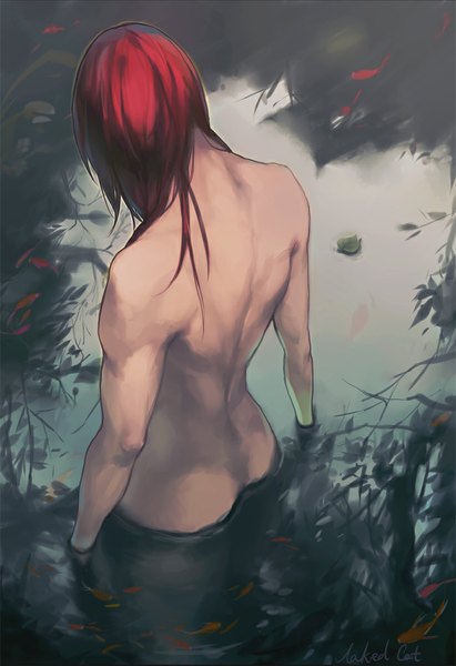 Anime picture 700x1020 with original naked cat single long hair tall image light erotic signed red hair shadow back no face boy water leaf (leaves)