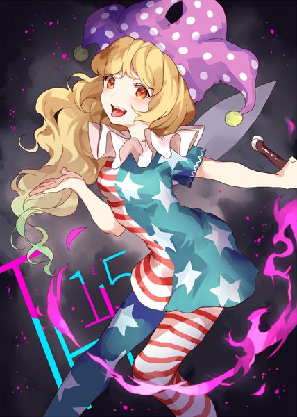 Anime picture 714x1000 with touhou legacy of lunatic kingdom clownpiece hillly (maiwetea) single long hair tall image looking at viewer blush open mouth blonde hair red eyes striped polka dot insect wings star print girl hat wings tongue