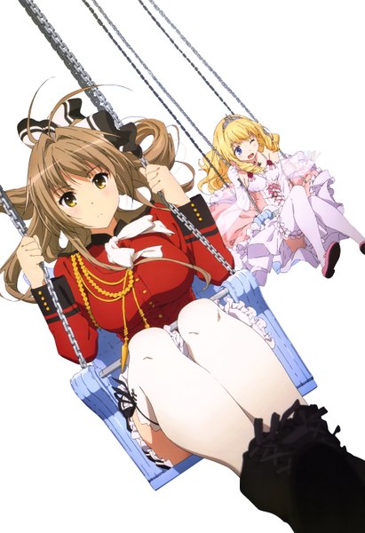 Anime picture 4075x5936 with amagi brilliant park kyoto animation sento isuzu latifa fleuranza long hair tall image blush highres open mouth simple background blonde hair brown hair white background sitting multiple girls brown eyes absurdres ponytail one eye closed wink