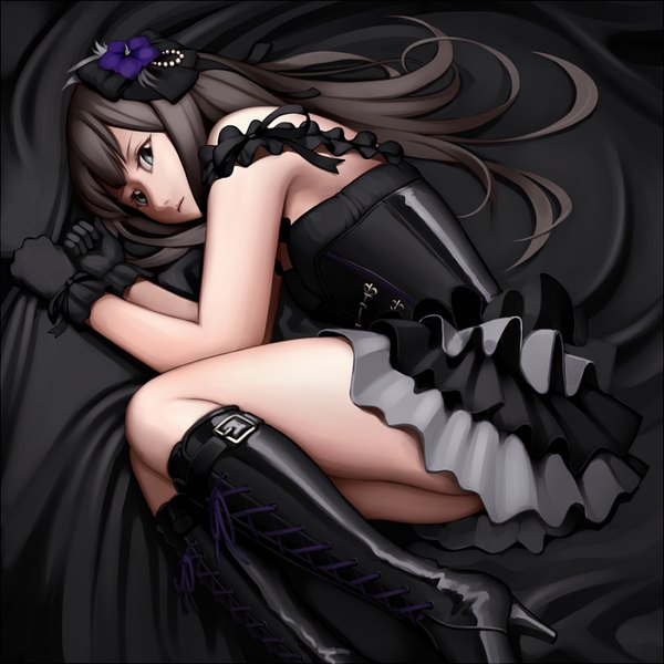 Anime picture 800x800 with idolmaster idolmaster cinderella girls shibuya rin bon-da single long hair looking at viewer blue eyes black hair black gothic dress (idolmaster) girl dress gloves hair ornament black gloves boots black dress