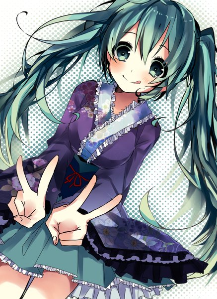 Anime picture 1317x1805 with vocaloid hatsune miku yamori shiki single long hair tall image blush simple background smile twintails green eyes :d green hair looking down victory polka dot polka dot background girl skirt tongue