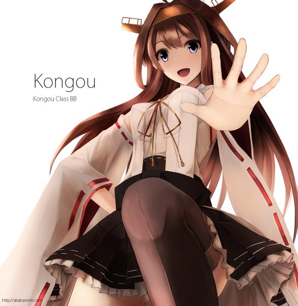 Anime picture 1319x1353 with kantai collection kongou battleship akabane rin single long hair tall image looking at viewer open mouth blue eyes brown hair white background traditional clothes nontraditional miko girl hair ornament detached sleeves thigh boots