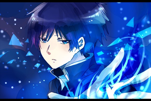 Anime picture 1050x700 with code: breaker kinema citrus ogami rei kurono (artist) single looking at viewer short hair blue eyes black hair magic glowing portrait boy hand
