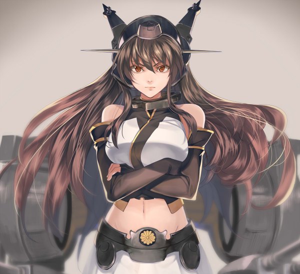 Anime picture 1300x1188 with kantai collection nagato battleship kabocha (monkey4) single long hair looking at viewer red eyes brown hair bare shoulders midriff crossed arms girl navel hair ornament