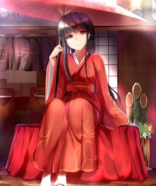 Anime picture 1220x1458 with original hizagawa rau single long hair tall image fringe black hair smile sitting brown eyes long sleeves traditional clothes japanese clothes sunlight wide sleeves girl plant (plants) socks umbrella white socks