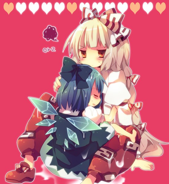 Anime picture 1200x1306 with touhou cirno fujiwara no mokou ana (rznuscrf) long hair tall image blush short hair simple background red eyes multiple girls blue hair white hair eyes closed barefoot loli hug girl bow 2 girls