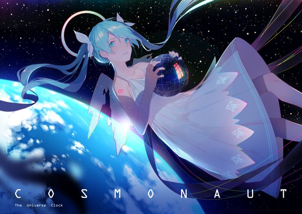 Anime picture 3507x2480 with vocaloid hatsune miku ryuutsuki basetsu single looking at viewer highres twintails bare shoulders absurdres very long hair aqua eyes aqua hair space weightlessness girl dress bow hair bow wings halo