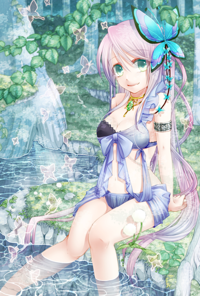 Anime picture 689x1020 with original tsuitachi single tall image light erotic smile bare shoulders green eyes pink hair cleavage bent knee (knees) very long hair bare belly bare legs crossed legs waterfall girl hair ornament swimsuit plant (plants)