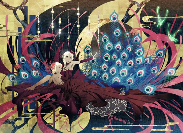 Anime picture 1436x1047 with original funakura sitting multiple girls green eyes white hair outstretched arm dark skin outstretched hand girl dress hair ornament flower (flowers) 2 girls hat animal choker bird (birds) insect butterfly