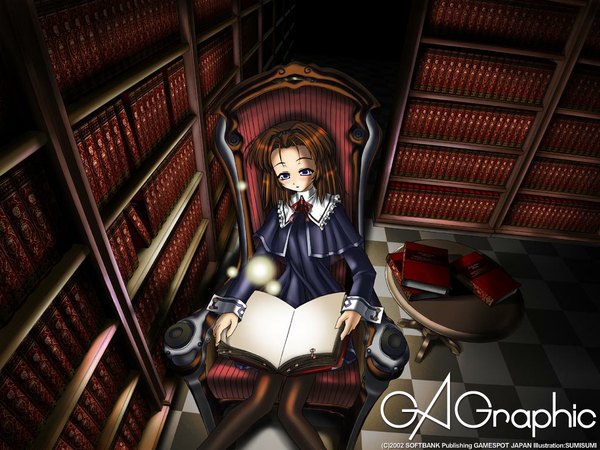 Anime picture 1024x768 with gagraphic sumisumi single short hair blue eyes brown hair sitting signed indoors from above copyright name checkered floor floor girl pantyhose book (books) table armchair sleeve cuffs library
