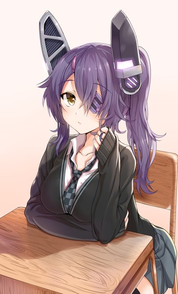 Anime picture 909x1500 with kantai collection tenryuu light cruiser arudehido single long hair tall image looking at viewer simple background white background sitting brown eyes purple hair pleated skirt side ponytail girl thighhighs skirt uniform hair ornament black thighhighs