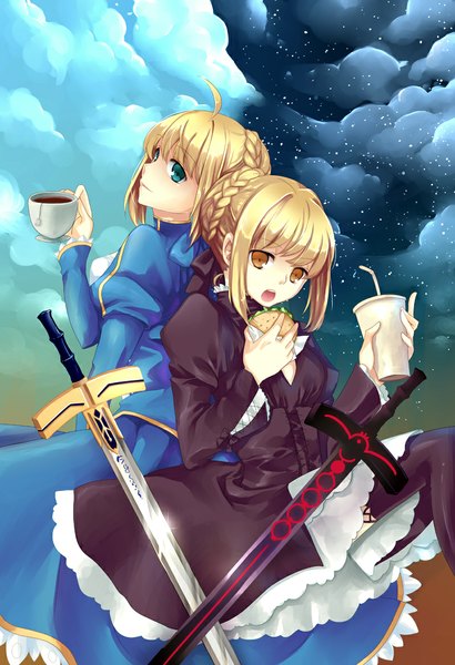 Anime picture 800x1169 with fate (series) fate/stay night fate/unlimited codes studio deen type-moon artoria pendragon (all) saber saber alter saber lily lucidsky tall image short hair open mouth blonde hair brown eyes green eyes sky cloud (clouds) ahoge braid (braids)