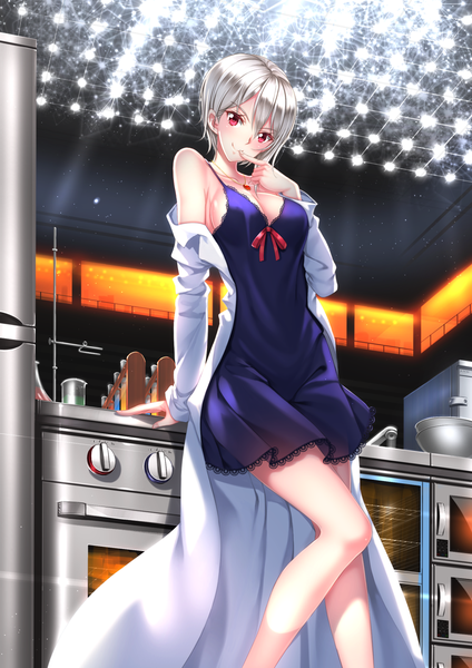 Anime picture 1102x1560 with shokugeki no soma j.c. staff nakiri alice swordsouls single tall image looking at viewer blush short hair breasts smile red eyes white hair finger to mouth girl sundress labcoat