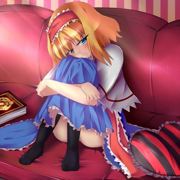 Anime picture 1500x1500 with touhou alice margatroid blush short hair blue eyes blonde hair girl dress socks hairband pillow black socks couch